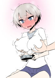 Rule 34 | 1girl, @ @, blue eyes, blush, grabbing another&#039;s breast, breasts, controller, ear blush, fang, full-face blush, game controller, grabbing, grabbing from behind, grey hair, hair between eyes, hitotose rin, large breasts, nose blush, short hair, shorts, simple background, skin fang, solo focus, steam, sweat, nervous sweating, trembling, uzaki-chan wa asobitai!, uzaki hana, wavy mouth, white background
