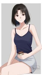 Rule 34 | 1girl, alternate costume, bare shoulders, black hair, black shirt, border, brown eyes, closed mouth, collarbone, commentary request, grey background, grey shorts, highres, holding, kara no kyoukai, looking at viewer, outside border, parted bangs, ryougi shiki, shintyoi2, shirt, short hair, shorts, simple background, sitting, sleeveless, sleeveless shirt, solo, thighs, white border