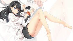 Rule 34 | 1girl, ass, bad id, bad pixiv id, bare legs, barefoot, black hair, black skirt, blue eyes, bow, bowtie, cardigan, collared shirt, expressionless, gridman universe, highres, long hair, long sleeves, looking at viewer, lying, microskirt, on side, orange scrunchie, pleated skirt, red bow, red bowtie, rx7649, school uniform, scrunchie, shirt, skirt, solo, ssss.gridman, straight hair, sweater, swept bangs, takarada rikka, thighs, white cardigan, white shirt, white sweater, wrist scrunchie, zoom layer