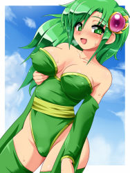 Rule 34 | 1990s (style), 1girl, bare shoulders, blush, breast lift, breasts, cleavage, detached sleeves, covered erect nipples, final fantasy, final fantasy iv, green eyes, green hair, hair ornament, konpeto, large breasts, leotard, long hair, matching hair/eyes, naughty face, aged up, open mouth, rydia (ff4), smile, solo, sweat, thighhighs