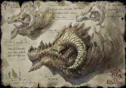 Rule 34 | ?, animal focus, arrow (symbol), black border, border, brown eyes, character sheet, commentary request, curled horns, dragon, from side, gibberish text, highres, horns, kuribatake, monster, multiple views, no humans, open mouth, original, paper texture, profile, sharp teeth, slit pupils, teeth, yellow background