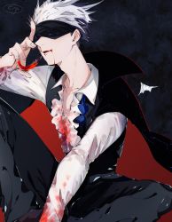 Rule 34 | 1boy, absurdres, adam&#039;s apple, alternate costume, artist name, bad id, bad pixiv id, bat wings, black cape, black pants, black vest, blindfold, blood, blood on clothes, blood stain, blue bow, blue bowtie, bow, bowtie, buttons, cape, center frills, collared shirt, commentary request, covered eyes, cup, detached wings, drawn wings, dress shirt, drinking glass, dripping, fang, fangs, fingernails, frills, gojou satoru, highres, holding, holding cup, indian style, jujutsu kaisen, kube (142053 3), long sleeves, male focus, mini wings, open collar, pants, shirt, short hair, sitting, skin fang, solo, untied, vampire, vest, white hair, white shirt, wine glass, wings
