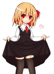 Rule 34 | 1girl, black skirt, black thighhighs, blonde hair, clothes lift, heart, looking at viewer, red eyes, rumia, short hair, simple background, skirt, skirt lift, smile, solo, takapi 3, thighhighs, touhou, white background