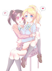 Rule 34 | !?, 10s, 2girls, :o, ayase eli, black hair, black legwear, blonde hair, blue eyes, blush, bow, brown footwear, chair, commentary request, hair bow, heart, heart-shaped pupils, highres, holding, love live!, love live! school idol project, multiple girls, pipette (artist), ponytail, red eyes, school uniform, scrunchie, shirt, shoes, sitting, smile, socks, spoken heart, symbol-shaped pupils, twintails, white background, yazawa nico, yuri