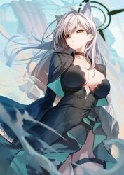 Rule 34 | 1girl, absurdres, animal ear fluff, animal ears, black dress, blue archive, blurry, breasts, broken halo, choker, clothing cutout, cross, dark halo, depth of field, dress, extra ears, grey hair, hair ornament, halo, highres, inverted cross, large breasts, long hair, long sleeves, marse (rokudaime), phrenapates (blue archive), shiroko (blue archive), shiroko terror (blue archive), solo, thigh strap, wolf ears