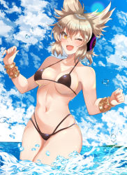 Rule 34 | 1girl, ;d, air bubble, bare arms, bare shoulders, bikini, black bikini, blue sky, bracelet, breasts, bubble, cloud, day, hair between eyes, headphones, jewelry, kurokan (kokkyou oudan), lens flare, light brown hair, looking at viewer, medium breasts, medium hair, navel, one eye closed, open mouth, outdoors, pointy hair, sky, smile, solo, standing, stomach, summer, swimsuit, touhou, toyosatomimi no miko, water, yellow eyes