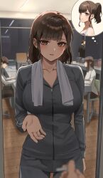 Rule 34 | 1other, 2boys, 2girls, anteiru, blunt bangs, blurry, blush, breasts, brown hair, cleavage, collarbone, commentary request, depth of field, faceless, faceless female, faceless male, fujisaki hanami (anteiru), highres, jacket, large breasts, looking at viewer, multiple boys, multiple girls, original, pants, partial commentary, partially unzipped, pov, pov hands, smile, thought bubble, towel, towel around neck, track jacket, track pants