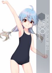 Rule 34 | 1girl, ahoge, arm up, artist name, black one-piece swimsuit, blue hair, character name, collarbone, commentary request, competition school swimsuit, cowboy shot, eyes visible through hair, flat chest, gradient hair, hair between eyes, highres, inaba shiki, kantai collection, long hair, looking at viewer, low twintails, multicolored hair, one-piece swimsuit, red eyes, sado (kancolle), school swimsuit, simple background, smile, solo, swimsuit, twintails, white background