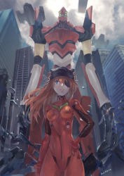 Rule 34 | 10s, 1girl, aircraft, animal ears, animal hat, artist name, azomo, blue eyes, bodysuit, bracer, breasts, building, cabbie hat, cat hat, city, cloud, cloudy sky, cowboy shot, duct tape, eva 02, evangelion: 3.0 you can (not) redo, eyepatch, fake animal ears, from below, gloves, glowing, glowing eyes, green eyes, hand on own hip, hat, highres, light smile, long hair, looking at viewer, mecha, neon genesis evangelion, orange hair, outdoors, pilot suit, plugsuit, rebuild of evangelion, robot, signature, skinny, sky, skyscraper, small breasts, smile, solo, souryuu asuka langley, standing, turtleneck