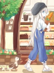 Rule 34 | 1girl, :o, animal, bag, baguette, beret, bird, black hat, blue eyes, bread, day, duck, duckling, flower, food, groceries, grocery bag, hair between eyes, hat, hugging object, long hair, original, outdoors, overalls, paper bag, parted lips, profile, red flower, sandals, shirt, shopping bag, short sleeves, solo, tree, very long hair, walking, white footwear, white hair, white shirt, wide sleeves, yellow flower, yuuhagi (amaretto-no-natsu)