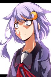 Rule 34 | &gt;:(, 1girl, acchii (akina), angry, blue eyes, crescent, crescent hair ornament, frown, hair flaps, hair ornament, hairpin, highres, kantai collection, letterboxed, long sleeves, looking to the side, parody, purple hair, ribbon, sakaki yuya, school uniform, serafuku, short hair, short hair with long locks, simple background, solo, upper body, v-shaped eyebrows, white background, yayoi (kancolle), yu-gi-oh!, yu-gi-oh! arc-v