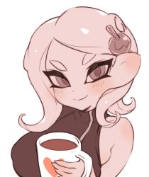 Rule 34 | 1girl, bad id, bad twitter id, breasts, closed mouth, coffee, cup, food, heart, highres, holding, holding cup, jtveemo, large breasts, long hair, looking at viewer, mug, nintendo, octoling, octoling girl, octoling player character, simple background, single bare shoulder, single sleeve, smile, solo, splatoon (series), splatoon 2, splatoon 2: octo expansion, takoyaki, tentacle hair, turtleneck, upper body, white background