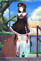 Rule 34 | 1girl, :o, absurdres, arm behind back, bag, black dress, black hair, black hat, blue sky, blunt bangs, blush, bow, cloud, day, dress, falling leaves, footwear bow, frilled dress, frilled shirt collar, frills, full body, handbag, hat, hat bow, highres, holding, holding bag, kneehighs, leaf, looking at viewer, looking back, medium hair, original, outdoors, parted lips, pink bow, pink ribbon, platform footwear, pom pom (clothes), purple eyes, railing, revision, ribbon, shoes, skirt hold, sky, socks, solo, sonikey0 0, stairs, standing, tree, white socks
