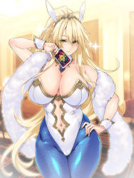 Rule 34 | 1girl, ahoge, animal ears, artoria pendragon (all), artoria pendragon (fate), artoria pendragon (swimsuit ruler) (fate), bare shoulders, blonde hair, blue necktie, blue pantyhose, blush, braid, breasts, card, cleavage, clothing cutout, collarbone, detached collar, fake animal ears, fate/grand order, fate (series), feather boa, fishnet pantyhose, fishnets, french braid, green eyes, hair between eyes, hand on own hip, hayama kazusa, highleg, highleg leotard, highres, large breasts, leotard, long hair, looking at viewer, navel, navel cutout, necktie, pantyhose, playboy bunny, playing card, ponytail, rabbit ears, sidelocks, smile, solo, sparkle, thighs, tiara, very long hair, white leotard, wrist cuffs