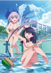 Rule 34 | 2girls, armpits, breasts, cleft of venus, completely nude, feet, gridman universe, highres, hose, multiple girls, nude, nude filter, outdoors, partially submerged, pool, pool ladder, pussy, red eyes, scrunchie, shinjou akane, soles, ssss.gridman, takarada rikka, takeuchi masato, third-party edit, toes, wrist scrunchie