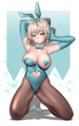 Rule 34 | 1girl, ahoge, animal ears, aqua gloves, aqua leotard, arm behind head, arms up, black bow, blonde hair, bow, bowtie, breasts, brown pantyhose, clothing cutout, detached collar, elbow gloves, fake animal ears, fate/grand order, fate (series), gloves, grey eyes, hair bow, heart cutout, heart pasties, high heels, highleg, highleg leotard, highres, kneeling, koha-ace, large breasts, leotard, looking to the side, navel, navel cutout, okita souji (fate), okita souji (koha-ace), one breast out, pantyhose, pasties, playboy bunny, rabbit ears, short hair, solo, suishougensou