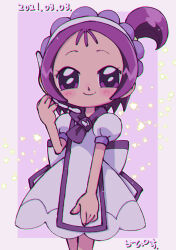 Rule 34 | 1girl, absurdres, artist name, blush, border, closed mouth, commentary request, cowboy shot, dated, dress, hand up, headset, highres, looking at viewer, ojamajo doremi, one side up, puffy short sleeves, puffy sleeves, purple eyes, purple hair, purple scarf, rapisu, scarf, segawa onpu, short hair, short sleeves, smile, solo, standing, straight-on, white dress