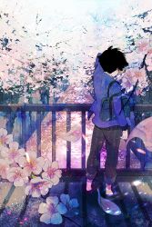 Rule 34 | 1boy, bag, black hair, blazer, bridge, cherry blossoms, day, facing away, flower, jacket, loafers, male focus, n y, original, outdoors, pants, pants rolled up, petals, school uniform, shadow, shoes, solo, tree, water, wind, wiping face