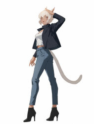 Rule 34 | 1girl, animal ears, breasts, cat ears, cat tail, dark-skinned female, dark skin, facial mark, final fantasy, final fantasy xiv, grey eyes, grey hair, high heels, highres, jacket, looking at viewer, lyra-kotto, medium breasts, miqo&#039;te, neck tattoo, open clothes, open jacket, short hair, solo, tail, tank top, tattoo, whisker markings, white background, y&#039;shtola rhul
