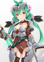 Rule 34 | 1girl, absurdres, armor, black ribbon, blush, breastplate, breasts, brown eyes, brown flower, brown leotard, cleavage, copyright request, flower, gauntlets, gluteal fold, gradient background, greaves, green hair, grey background, hair between eyes, hair flower, hair ornament, hair ribbon, headpiece, highres, holding, holding sword, holding weapon, kobi (piliheros2000), leotard, long hair, looking at viewer, low twintails, medium breasts, parted lips, pink flower, ribbon, saber (weapon), sheath, shield, shrug (clothing), solo, standing, sword, teeth, twintails, unsheathing, upper teeth only, very long hair, weapon