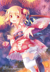 Rule 34 | 1girl, alternate costume, alternate hairstyle, alternate headwear, artist name, blonde hair, bloomers, blush, crystal, dutch angle, fang, fireworks, flandre scarlet, floral print, flower, gradient background, hair bun, japanese clothes, kimono, long sleeves, looking at viewer, mimi (mimi puru), no headwear, obi, open mouth, outstretched arm, red eyes, ribbon, sandals, sash, short hair, single hair bun, smile, solo, thighhighs, touhou, underwear, watermark, web address, white thighhighs, wide sleeves, wings, yukata, zettai ryouiki