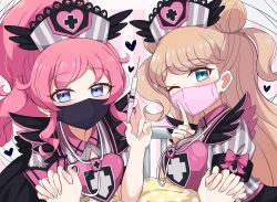 Rule 34 | 3girls, absurdres, bed, black mask, black skirt, blue eyes, blush, bow, breasts, cleavage cutout, clothing cutout, covered mouth, cross, double bun, female pov, finger to mouth, hair bun, half-closed eyes, hat, heart, high ponytail, highres, holding, holding hands, holding syringe, interlocked fingers, kanamori maria, kiratto pri chan, large breasts, light brown hair, long hair, mask, meiji (meizi493), momoyama mirai, mouth mask, multicolored shirt, multiple girls, naughty face, nurse, nurse cap, one eye closed, pink hair, pink mask, pov, pov hands, pretty series, puffy short sleeves, puffy sleeves, purple eyes, shirt, shirt bow, short sleeves, shushing, skirt, spoken heart, stethoscope, striped clothes, striped shirt, striped wall, syringe, two side up, yuri