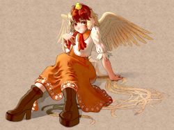 Rule 34 | 1girl, animal, animal on head, arm support, bird, bird on head, bird tail, bird wings, blonde hair, blush, boots, breasts, brown footwear, channel ikihaji, chick, closed mouth, commentary request, dress, hand on own chest, high heel boots, high heels, multicolored hair, niwatari kutaka, on head, orange dress, red hair, shirt, sitting, small breasts, tail, touhou, two-tone hair, white shirt, wings, yellow wings