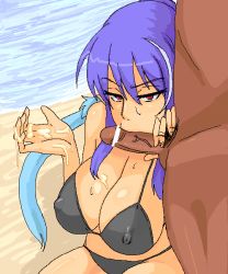 Rule 34 | 00s, 1boy, 1girl, 69 (tranquilo), bar censor, beach, bikini, black bikini, blue hair, grabbing another&#039;s breast, breasts, censored, cleavage, clothed female nude male, covered erect nipples, cum, cum on body, cum on breasts, cum on upper body, cupping hands, dark-skinned male, dark skin, erection, fellatio, grabbing, hetero, huge breasts, judith (tales), large breasts, licking, long hair, looking at viewer, male pubic hair, nipples, nude, oekaki, oral, outdoors, own hands together, penis, pointy ears, pubic hair, purple hair, red eyes, solo focus, sweat, swimsuit, tales of (series), tales of vesperia, veins, veiny penis