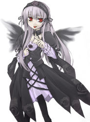 Rule 34 | 00s, 1girl, breasts, cleavage, medium breasts, nu (plastic eraser), pale skin, red eyes, rozen maiden, saliva, silver hair, solo, suigintou, tongue, wings