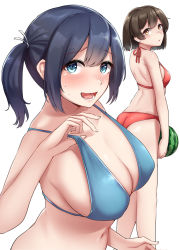 Rule 34 | 2girls, absurdres, bare arms, bare shoulders, bikini, blue bikini, blue hair, breasts, brown eyes, brown hair, cleavage, head out of frame, highres, hiryuu (kancolle), kantai collection, kiritto, large breasts, multiple girls, navel, open mouth, red bikini, short hair, simple background, souryuu (kancolle), swimsuit, white background