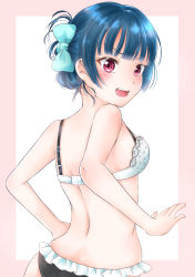 Rule 34 | 10s, 1girl, :o, absurdres, alternate hairstyle, bare arms, bare shoulders, black panties, blue bow, blue hair, blunt bangs, blush, bow, bra, breasts, dark blue hair, frill trim, frilled panties, frills, hair bow, highres, lace, lace-trimmed bra, lace trim, looking at viewer, looking back, love live!, love live! sunshine!!, open mouth, panties, red eyes, rin5325, sharp teeth, short hair, small breasts, standing, teeth, tsushima yoshiko, underwear, underwear only, upper body, white bra