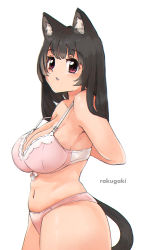 Rule 34 | 1girl, animal ears, arms behind back, arukiru, black hair, blush, bra, breasts, cat ears, cat tail, cleavage, contrapposto, cowboy shot, from side, highres, large breasts, long hair, looking at viewer, navel, original, panties, parted lips, pink bra, pink eyes, pink panties, simple background, solo, standing, strap gap, strap slip, tail, thick thighs, thighs, underwear, underwear only, undressing, white background