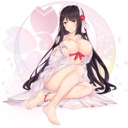 Rule 34 | 1girl, azur lane, bare shoulders, barefoot, black hair, blush, breasts, cleavage, flower, gradient background, gs (onsen syndicate), hair flower, hair ornament, hiei (azur lane), hiei (moonlit cruise) (azur lane), highres, horns, large breasts, lifted by self, long hair, long sleeves, looking at viewer, nightgown, nipples, pink nightgown, red flower, red ribbon, ribbon, sitting, sleepwear, smile, solo, thighs, underboob, white horns, yellow eyes