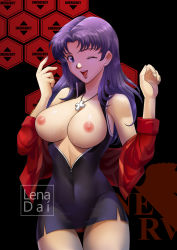 Rule 34 | 1girl, absurdres, alternate breast size, bare legs, blue eyes, blurry, breasts, breasts out, brown eyes, cleavage, covered navel, cowboy shot, cropped jacket, cross, cross necklace, curvy, depth of field, dress, facing viewer, female focus, highres, jacket, jewelry, katsuragi misato, large breasts, legs together, lenadai, linea alba, long hair, looking at viewer, medium breasts, microdress, necklace, neon genesis evangelion, nerv, nipples, no bra, off shoulder, one eye closed, open clothes, open mouth, panties, pantyshot, parted bangs, purple dress, purple hair, red jacket, red panties, revealing clothes, shiny skin, short dress, simple background, sleeveless, sleeveless dress, smile, solo, standing, thigh gap, underwear, wink