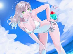 Rule 34 | 1girl, antenna hair, bent over, bikini, breasts, cloud, crazy straw, cup, day, drinking straw, grey eyes, grey hair, hand on own knee, heart straw, highres, holding, holding cup, kantai collection, kinugasa (kancolle), long hair, looking at viewer, medium breasts, ojipon, outdoors, sky, smile, solo, sun, swimsuit, tropical drink, white bikini