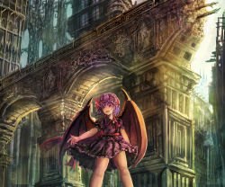Rule 34 | 1girl, :d, akamidoriao (rgb), arch, architecture, backlighting, bat wings, bow, brooch, commentary request, dress, frilled skirt, frills, hat, hat bow, jewelry, legs, mob cap, no legwear, open hand, open mouth, outdoors, outstretched arm, pink eyes, puffy short sleeves, puffy sleeves, purple dress, purple shirt, purple skirt, remilia scarlet, ruins, scenery, shirt, short sleeves, skirt, smile, solo, standing, sunlight, thighs, touhou, vampire, wind, wings