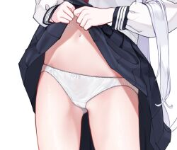 Rule 34 | 1girl, clothes lift, commentary, gluteal fold, highres, lifting own clothes, long hair, long sleeves, lower body, navel, original, panties, pleated skirt, school uniform, shirono mirai, simple background, skirt, skirt lift, solo, underwear, white background, white hair, white panties, zero (miraichizu)
