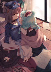 Rule 34 | 2girls, absurdres, animal ears, apron, arknights, arm support, bear ears, black apron, blouse, blue eyes, blue hair, blue headwear, blue jacket, blue skirt, box, braid, brown hair, brown jacket, candy, chocolate, chocolate heart, closed mouth, collar, collarbone, cropped jacket, food, food in mouth, hat, headdress, heart, heart-shaped box, highres, indoors, istina (arknights), istina (bibliosmia) (arknights), jacket, long hair, long sleeves, looking at another, multicolored hair, multiple girls, off shoulder, official alternate costume, on floor, pantyhose, papers, pink shawl, plant, police hat, potted plant, red hair, red legwear, shawl, shirt, sitting, sitting on lap, sitting on person, skirt, streaked hair, twin braids, white shirt, wooden floor, ya kexi, yuri, zima (arknights), zima (ready to go) (arknights)
