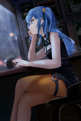 Rule 34 | 1girl, bare arms, blinders, blue eyes, blue hair, crossed legs, cup, drawing (object), earrings, elbow rest, feet out of frame, from side, hair ornament, hair ribbon, hand on own cheek, hand on own chin, hand on own face, head rest, hololive, hoshimachi suisei, hoshimachi suisei (streetwear), indoors, jewelry, long hair, looking away, mujinbensin, o-ring, o-ring thigh strap, official alternate hair length, official alternate hairstyle, orange pantyhose, pantyhose, rain, revision, ribbon, sitting, sleeveless, solo, star (symbol), star hair ornament, thigh strap, virtual youtuber, window
