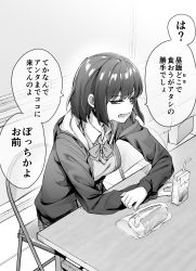 Rule 34 | 1girl, bow, bowtie, box, bread, breasts, cardboard box, chair, collared shirt, commentary, drinking straw, food, greyscale, highres, hood, hooded jacket, indoors, jacket, juice box, looking at viewer, medium hair, monochrome, original, plaid, plaid skirt, pov, school uniform, shirt, sitting, skirt, solo, table, translation request, yakitomato