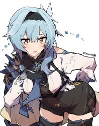 Rule 34 | 1girl, bare shoulders, bent over, black gloves, black hairband, blue cape, blue hair, blue necktie, blush, boots, breasts, cape, chest harness, clothing cutout, cowboy shot, diamond (shape), eula (genshin impact), genshin impact, gloves, hair between eyes, hair ornament, hairband, hand on own ass, hand on own chest, harness, high-waist shorts, highres, kyou 039, leaning forward, long sleeves, looking at viewer, medium breasts, medium hair, multicolored eyes, necktie, parted bangs, parted lips, see-through cutout, shorts, shoulder cutout, sidelocks, simple background, solo, star (symbol), thigh boots, vision (genshin impact), white background, white sleeves, yellow eyes