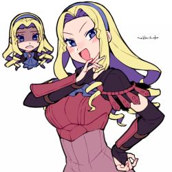 Rule 34 | 1girl, armor, artist name, blonde hair, blue eyes, blue hairband, constance von nuvelle, do m kaeru, fire emblem, fire emblem: three houses, hairband, leather armor, long hair, multicolored hair, multiple views, nintendo, ojou-sama pose, open mouth, purple hair, simple background, upper body, white background