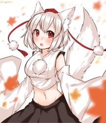 Rule 34 | animal ears, artist name, bare shoulders, blush, breasts, crop top, detached sleeves, egret, fang, groin, hat, highres, inubashiri momiji, large breasts, looking at viewer, midriff, navel, open mouth, pom pom (clothes), red eyes, short hair, silver hair, solo, tail, tokin hat, touhou, wolf, wolf ears, wolf tail