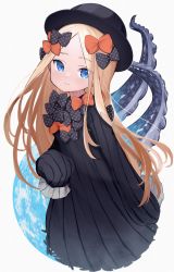 Rule 34 | 1girl, abigail williams (fate), black bow, black dress, black hat, blonde hair, blue eyes, blush, bow, breasts, dress, fate/grand order, fate (series), forehead, hair bow, hat, highres, lazu0721, long hair, long sleeves, looking at viewer, multiple hair bows, open mouth, orange bow, parted bangs, polka dot, polka dot bow, ribbed dress, sleeves past fingers, sleeves past wrists, small breasts, solo, tentacles