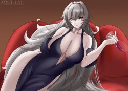 Rule 34 | 1girl, absurdly long hair, azur lane, breasts, couch, cup, dress, drinking glass, grey eyes, grey hair, highres, large breasts, long hair, looking at viewer, mistral la, pelvic curtain, solo, very long hair, vittorio veneto (azur lane), wine glass
