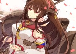 Rule 34 | 10s, 1girl, brown hair, cherry blossoms, hair ornament, hiiragi souren, kantai collection, long hair, machinery, petals, ponytail, red eyes, solo, turret, umbrella, very long hair, yamato (kancolle)