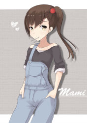 Rule 34 | 10s, 1girl, bad id, bad pixiv id, brown eyes, brown hair, casual, futami mami, ice (artist), ice (doragon), idolmaster, idolmaster (classic), idolmaster 2, long hair, mouth hold, overalls, side ponytail, sleeves pushed up, solo