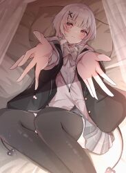 Rule 34 | 1girl, asumi sena, black coat, black thighhighs, blush, bow, bowtie, carry me, choker, coat, demon tail, grey bow, grey bowtie, grey hair, hair ornament, highres, jacket, looking at viewer, lying, miniskirt, multicolored hair, on bed, pink eyes, pink hair, pink jacket, reaching, reaching towards viewer, safuapurin, school uniform, shirt, skirt, solo, streaked hair, tail, thighhighs, twintails, two-tone hair, virtual youtuber, vspo!, white shirt