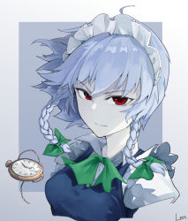 Rule 34 | 1girl, absurdres, blue vest, bow, braid, breasts, closed mouth, cropped torso, dark-dead, green bow, green neckerchief, grey background, grey hair, hair bow, highres, izayoi sakuya, looking at viewer, maid, maid headdress, medium breasts, medium hair, neckerchief, pocket watch, puffy short sleeves, puffy sleeves, red eyes, shirt, short sleeves, simple background, solo, touhou, twin braids, upper body, v-shaped eyebrows, vest, watch, white shirt
