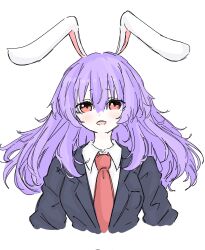 Rule 34 | 1girl, animal ears, black jacket, blazer, fumomono, hair between eyes, highres, jacket, long hair, long sleeves, looking at viewer, necktie, open mouth, purple hair, rabbit ears, rabbit girl, red eyes, red necktie, reisen udongein inaba, shirt, simple background, solo, touhou, upper body, white background, white shirt